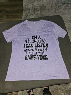 Women's Short Sleeve V-Neck Tee - Purple Multitasker Graphic